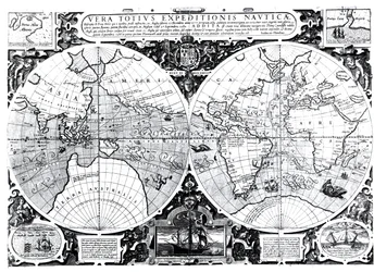 Världskarta; Vera Totius Expeditionis Nauticae, som visar världsomseglingen av (till vänster) Sir Francis Drake (1540-96) och (till höger) Thomas Cavendish (1560-92), omkring 1595